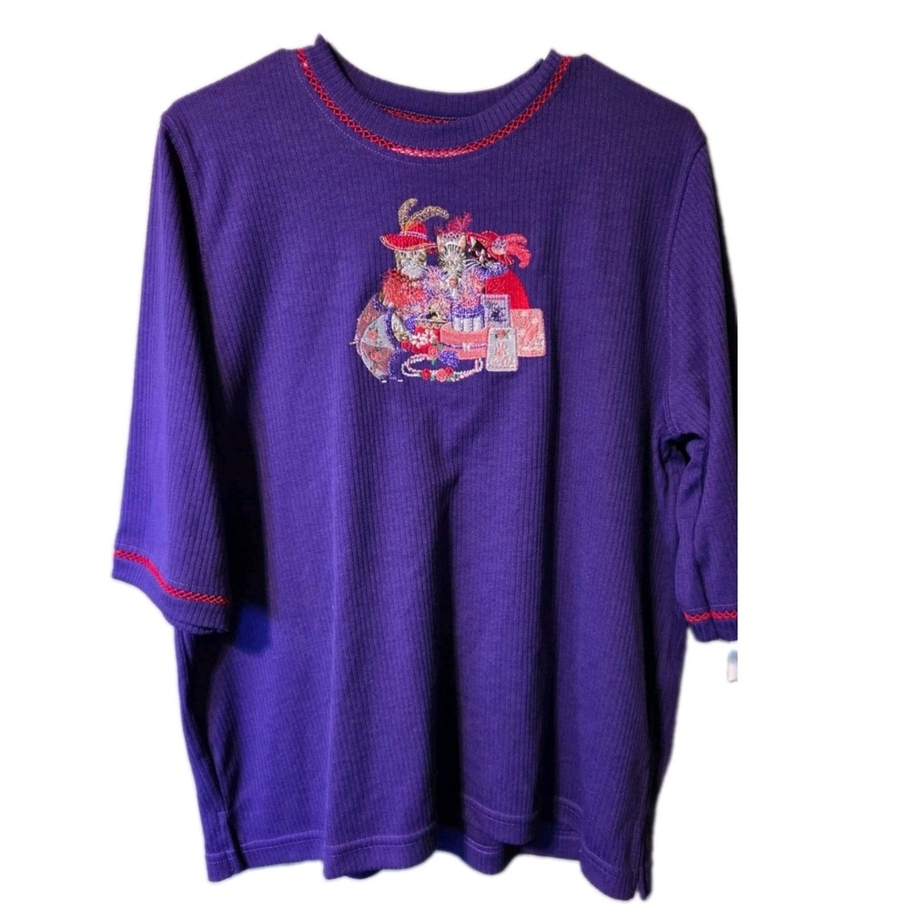Vintage Red Hat Cat Shirt Women's Medium Oversized Grandma Kitty Cottage Core